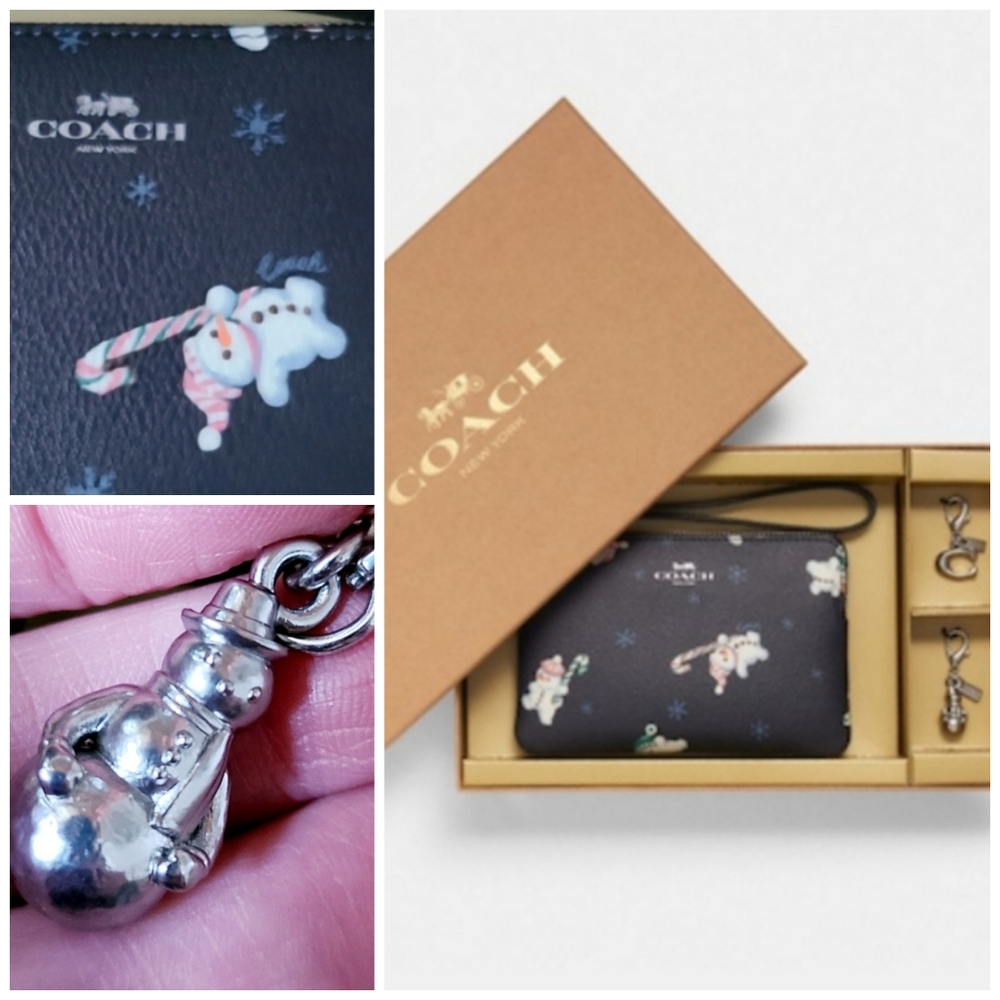 🥳FINAL PRICE👍NWT‼️Coach Snowman Zippered Wristlet Pouch w/ 2 Charms